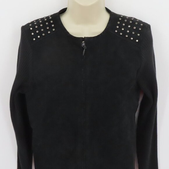 Escapade Women Large Y2K Black Suede Leather Knit Zippered Light Jacket Coat - Picture 2 of 12